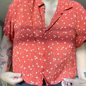 Red floral cropped short sleeve button down